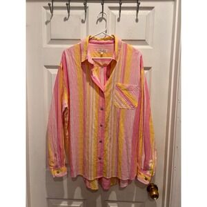 Escape by Habitat Clothes Pink Yellow Striped Seersucker Button Up Shirt Large